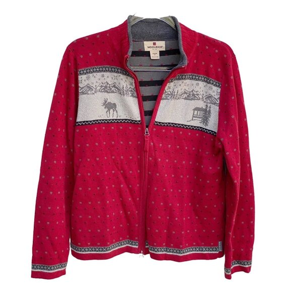 Woolrich Women’s Red Fair Isle Zip Sweater Size M Winter Knit - Picture 3 of 11